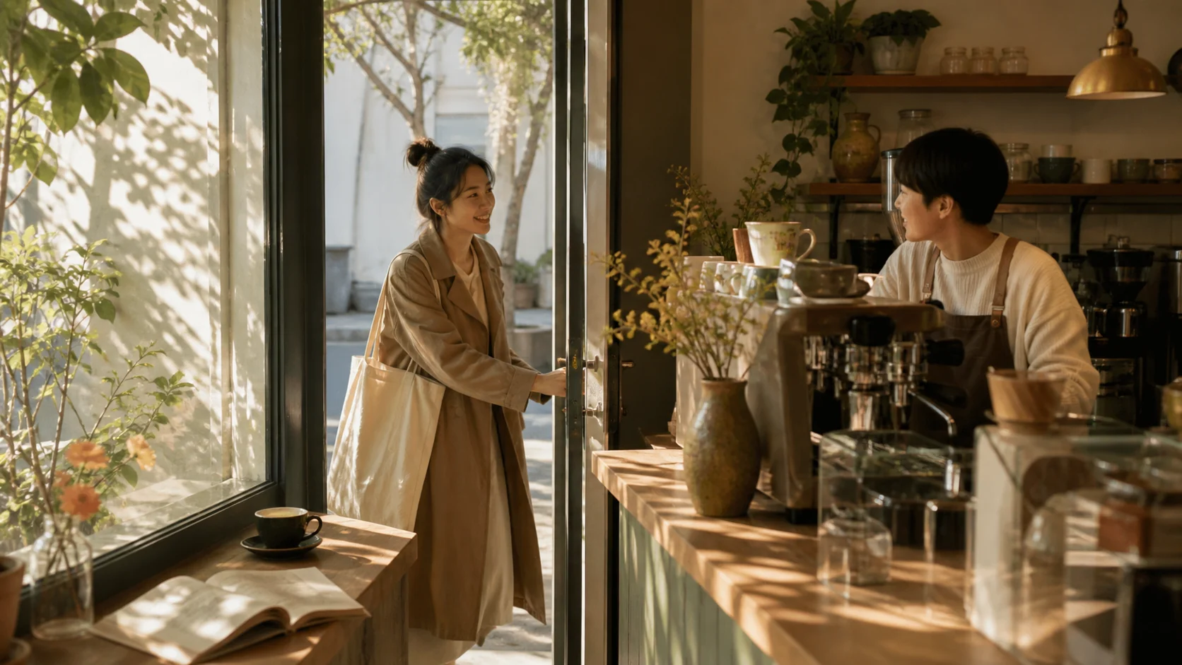 清晨社区咖啡店的真实生活场景